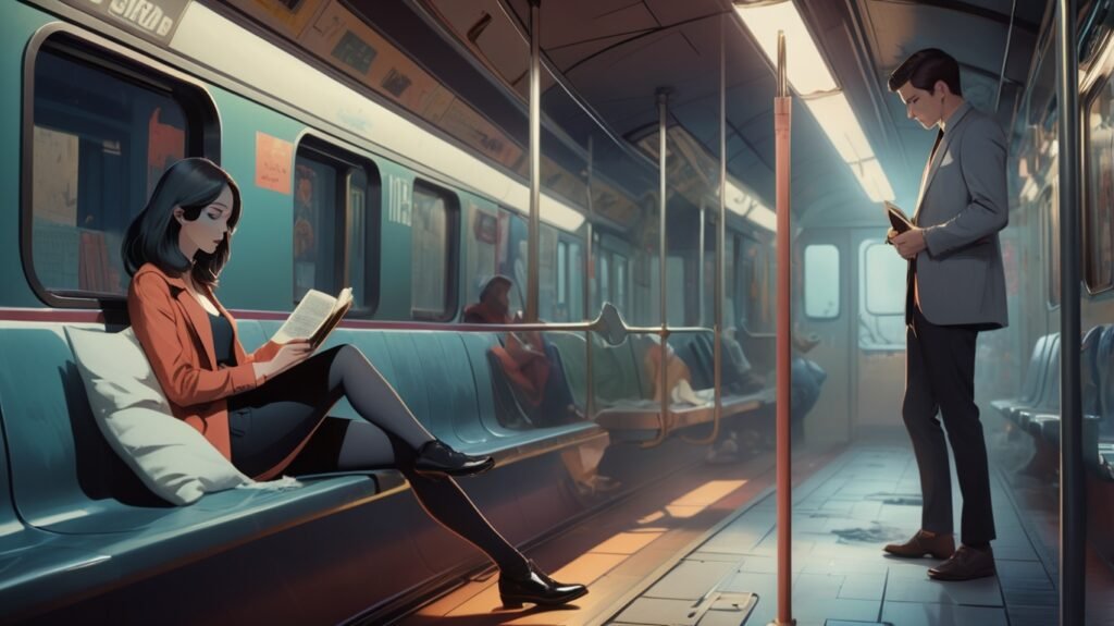 Um vagão de metrô à noite, com uma mulher de cabelos negros lendo um livro. Um homem ao fundo, na sombra, observa com olhos intensos e um rosto contorcido por emoção.